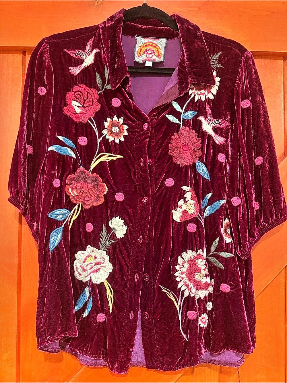 Johnny Was Floral Velvet Button-Up Shirt in Burgundy
